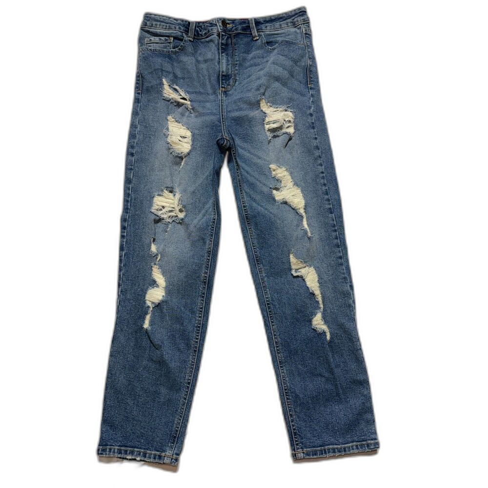 Cello Womens Size 15 High Rise Distressed Straight Leg Jeans Medium Wash Ripped